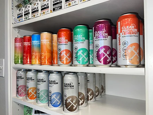 Shelves of Clear Protein and Clear Protein +Energy drinks for sale at Health & Wellness Chiropractic Center