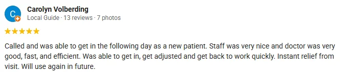 Chiropractic Dickinson ND Testimonial Carolyn V A 5-star Google review of Health & Wellness Chiropractic Center praising the kind staff and doctor
