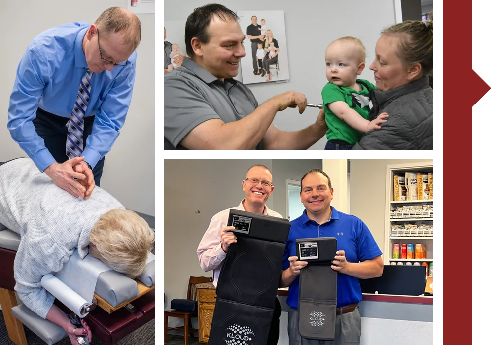Dr. Todd Dorval performing a back adjustment on a senior patient. Tyler Leintz adjusting a pediatric patient